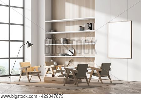 Pinkish Beige Living Room Interior With Mockup Banner, Niche Bookshelves, Armchairs, Creating Symmet