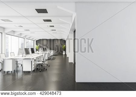 Blank Partition With Office Space, Having Desks With Rolling Chairs, Two Plants, Panoramic View And 