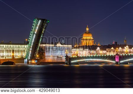Open Troitsky (trinity) Bridge, Marble Palace And St. Isaac's Cathedral Dome At Night, Saint Petersb