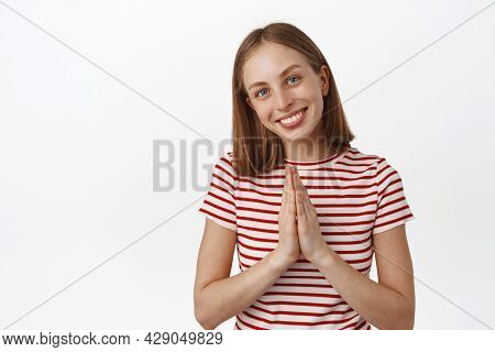Thank You. Pleasant Smiling Blond Woman Show Namaste, Appreciation Gesture, Greeting You, Thanking, 