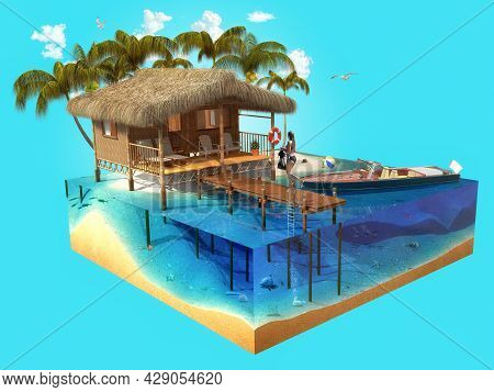 Bungalow And Coconut Trees On A Tropical Island. Tourist Vacation Concept. 3d Rendering