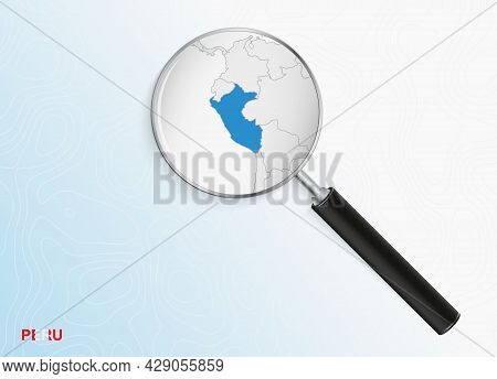 Magnifier With Map Of Peru On Abstract Topographic Background. Vector Map.
