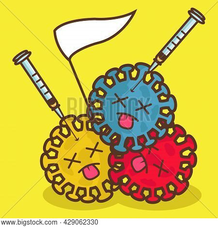 Vector Illustration Of Corona Virus Get Vaccinated And Holding White Flag As A Sign Of Surrender. Wo