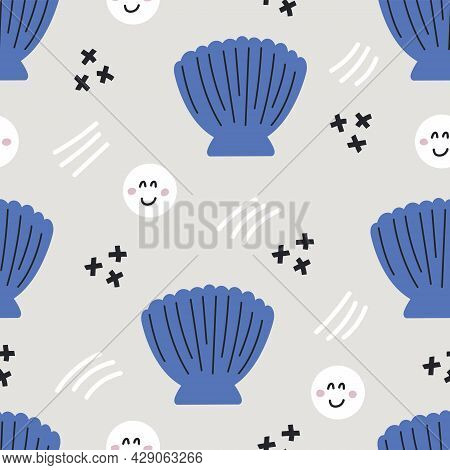 Flat Hand Drawn Seamless Pattern With Little Cute Pearls And Sea Shells.