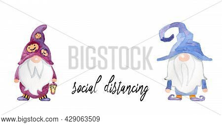 Halloween. Cute Watercolor Gnomes With Watercolor By Hand Will Preserve Social Disstalence. Banner F