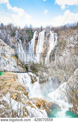 Beautiful Waterfalls At Plitvice Lakes National Park With Cloudy Blu Sky (natural Unesco World Herit