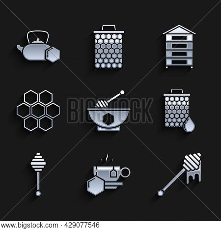 Set Honey Dipper Stick And Bowl, Cup Of Tea With Honey, Dripping, Honeycomb, Hive For Bees And Tea K