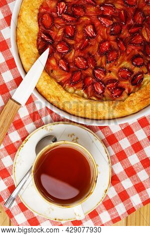 Homemade Open Pie Gallet With Strawberries And Rhubarb. Top View.