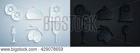 Set Olives Branch, Tombstone With Star Of David, Burning Candle In Candlestick, Balloons Ribbon, Jew