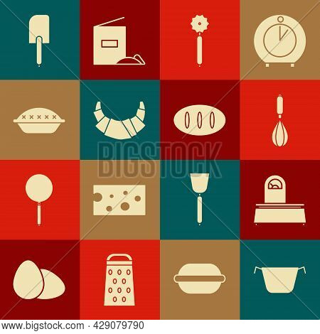 Set Cooking Pot, Scales, Kitchen Whisk, Pizza Knife, Croissant, Homemade Pie, Spatula And Bread Loaf