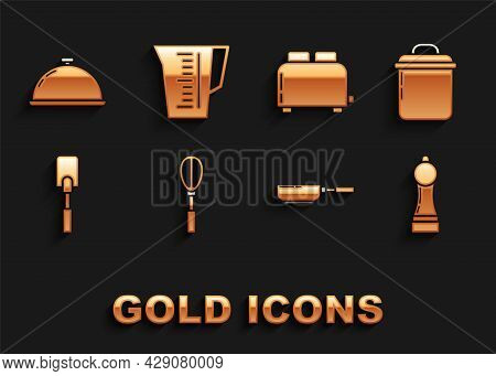Set Kitchen Whisk, Cooking Pot, Pepper, Frying Pan, Spatula, Toaster With Toasts, Covered Tray Of Fo