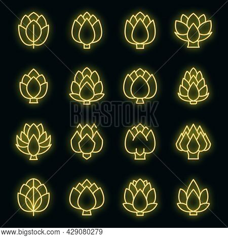 Artichoke Icons Set. Outline Set Of Artichoke Vector Icons Neon Color On Black