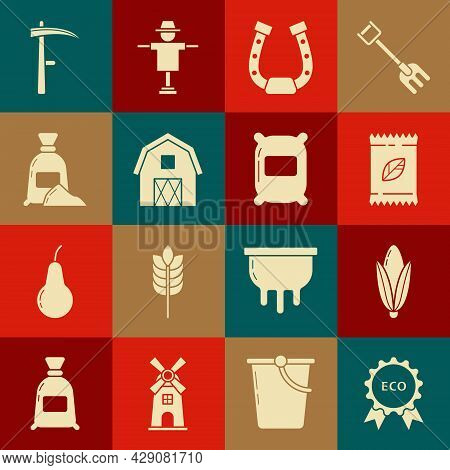 Set Banner, Label, Tag, Logo For Eco, Corn, A Pack Full Of Seeds Of Specific Plant, Horseshoe, Farm 