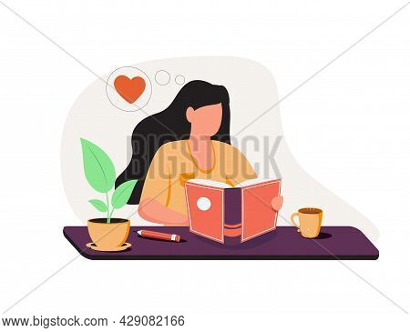 Teenage Girl Writing Diary Or Journal. Happy Young Woman Reading Book And Taking Notes With Pencil. 