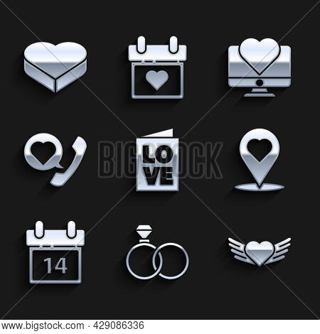 Set Valentines Day Party Flyer, Wedding Rings, Heart With Wings, Map Pointer Heart, Calendar Februar