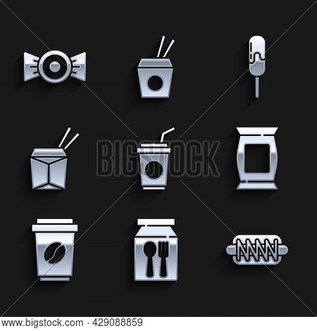 Set Paper Glass With Straw, Online Ordering And Delivery, Hotdog Sandwich, Bag Packet Potato Chips, 