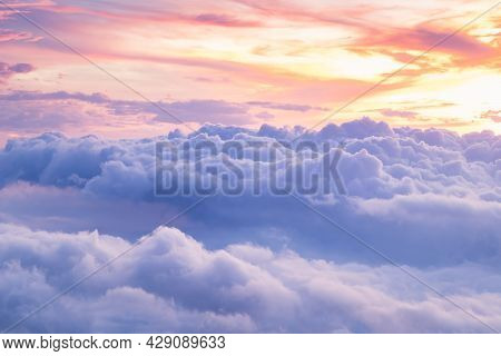 View At Sunrise With Puffy Foggy. White Puffy Like Cloud Stretching To Foggy Horizon In The Bright M