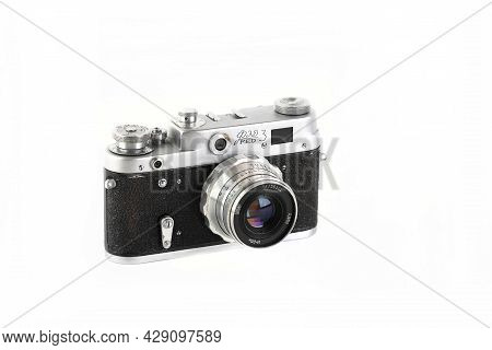 Moscow, Russia, August 07, 2021. The Old Soviet 35 Mm Film Rangefinder Camera Fed-3, Released 1963 O