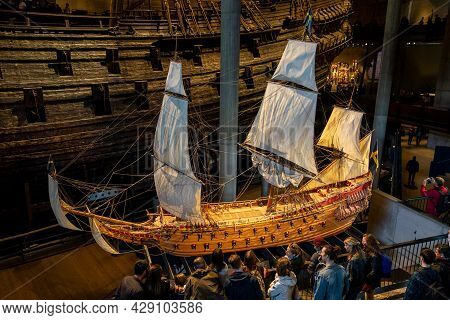 Stockholm, Sweden - April 21, 2019: The Model Of Vasa Ship In Vasa Museet In Stockholm, Sweden Creat