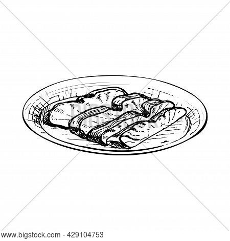 Char Siu On Plate. Vintage Vector Hatching Black Hand Drawn Illustration Isolated On White Backgroun
