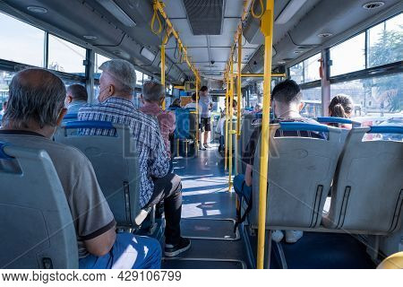 Eminonu, Istanbul, Turkey - 07.05.2021: Interior View Of A Municipality Public Bus With Passengers W