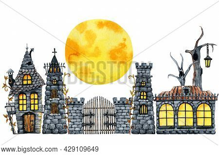 Gothic Castle Clipart, Halloween Horrible House. Hand Drawn Watercolor Illustration Isolated On Whit