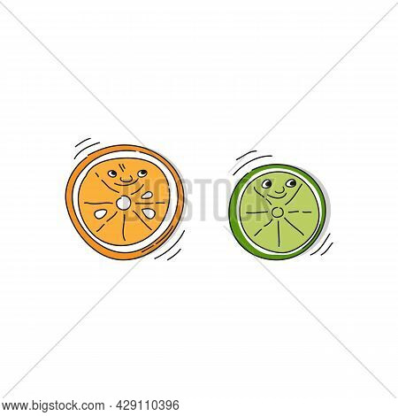 Citrus Fruit Cut In Half. Orange And Lime With Smile On White Background. Cartoon Sketch. Doodle Sty