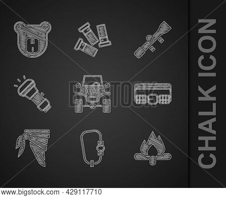 Set Off Road Car, Carabiner, Campfire, Hunting Cartridge Belt, Bandana Or Biker Scarf, Flashlight, S