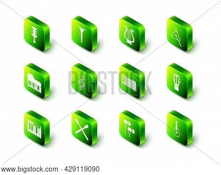 Set Drum And Drum Sticks, Ancient Lyre, Triangle, Guitar, Accordion, Air Headphones And Icon. Vector