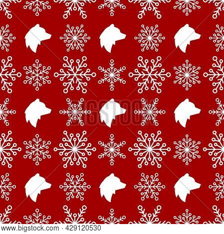 Seamless Chechered Winter Pattern With White Snowflakes And Polar Bears . Vector Flat Christmas Orna
