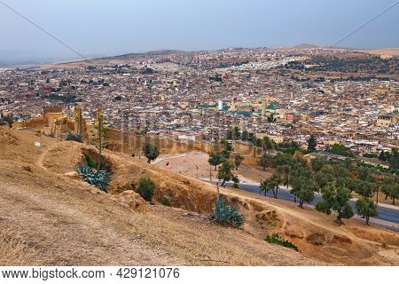 Aerial View Of The Fez El Bali Medina. Is The Oldest Walled Part Of Fez, Morocco. Fes El Bali Was Fo