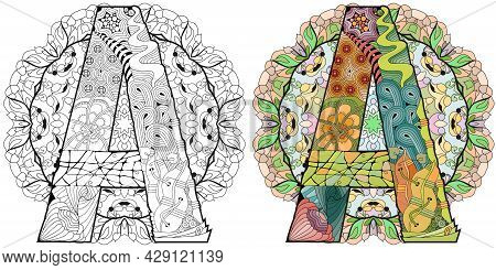 Hand-painted Art Design. Adult Anti-stress Coloring Page. Black And White Hand Drawn Illustration Ma