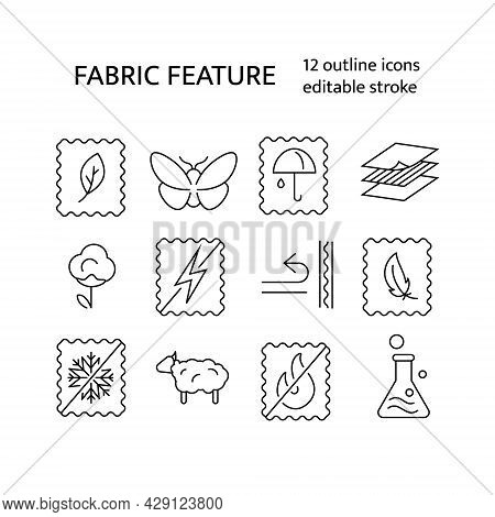 Material Quality Outline Icons Set. Textile Industry. Fabric Feature. Easy Care, Moth Protection. Cu