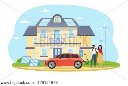 Smart House, Green House, Clean Electric Energy From Renewable Sources Sun And Wind Charging Electri