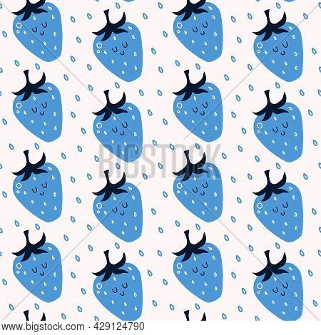 Vector Seamless Pattern With Cartoon Blue Strawberries. It Can Be Used As Wallpaper, Poster, Print F