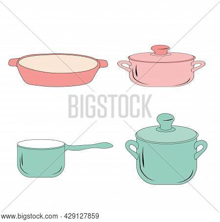 A Set Of Pots Is A Vector Stock Illustration. Dishes For Cooking On The Stove In The Kitchen. Isolat