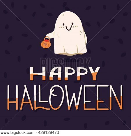 Halloween Ghost Poster. Halloween Concept. Vector Illustration In Flat Style