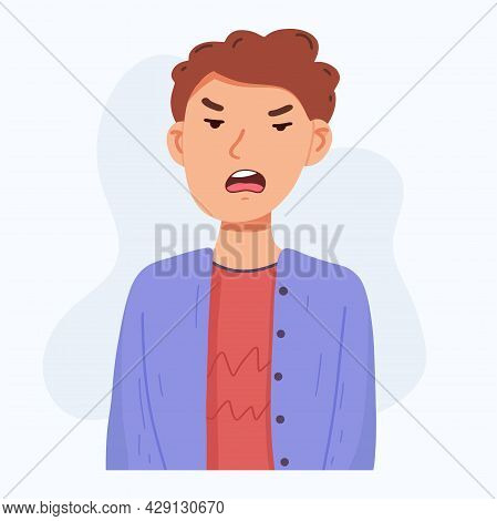 Young Man Face, Angry Facial Expression, Cartoon Vector Illustrations Isolated On Gray Background. H