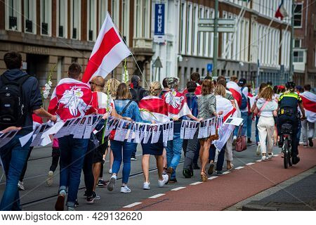 August 07, 2021, The Hague, Netherlands, Belarusian Protestors On The Peaceful Meeting Demand Freedo