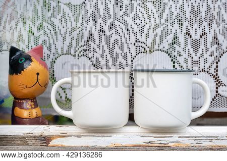 Two Mockup Mugs, Set Of 2 White Double Mug Mock Up On Windows Old Wooden House. Farmhouse Rustic Sty