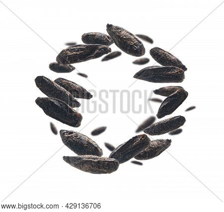 Roasted Rye Malt Grains Levitate On A White Background