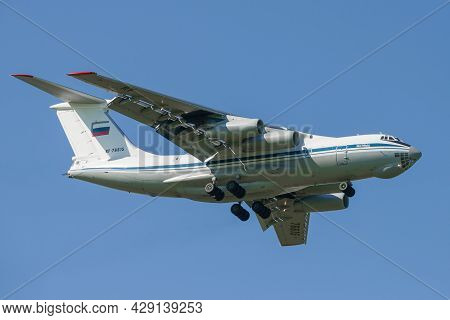 Saint Petersburg, Russia - May 29, 2021: Flying Heavy Military Transport Aircraft Il-76md (rf-76615)