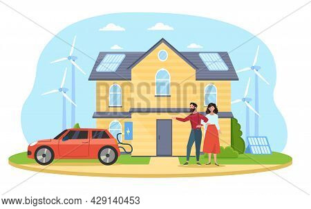 Smart House, Green House, Clean Electric Energy From Renewable Sources Sun And Wind Charging Electri