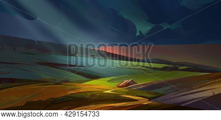 Dark Colored Painted Landscape With Fields And A House In The Moonlight