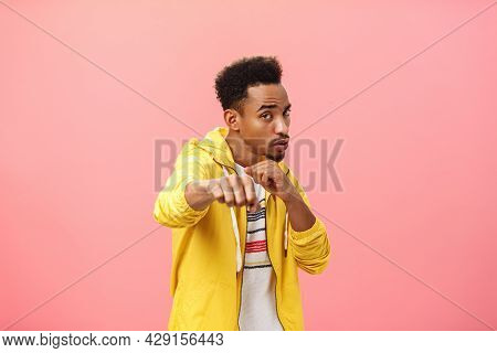 Guy Acting Cool Bragging In Front Of Girlfriend With Mascules Showing Boxer Moves Standing In Boxing