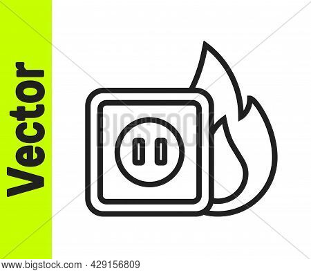 Black Line Electric Wiring Of Socket In Fire Icon Isolated On White Background. Electrical Safety Co