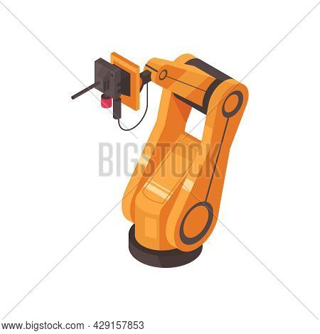 Automated Mechanical Factory Robot In Oragne Color Isometric Vector Illustration