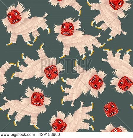 Talchum. Traditional Ritual Korean Mask Dance. Lion Dance. Seamless Background Pattern. Vector Illus