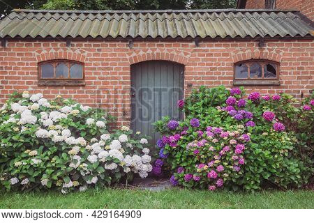 Old Brick House With A Large Flower Bed