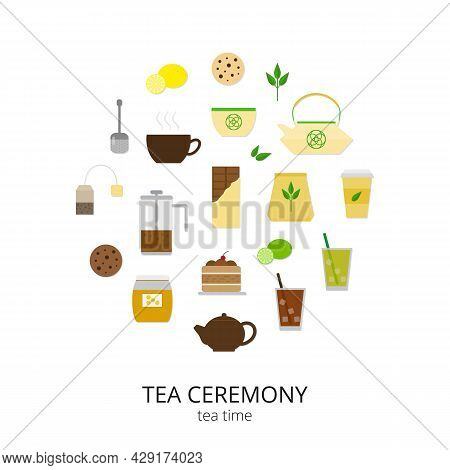 Flat Tea Items And Accessories Composed In Circle Shape. Tea Cup, Pot, Cake, Tea Strainer, Honey, Le